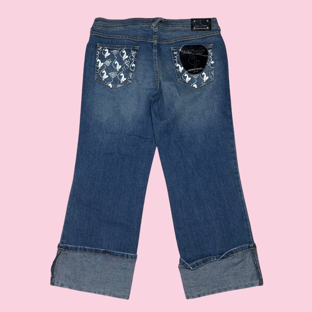 Baby Phat Womens Straight Leg Jeans Blue Splatter Embroidered Cat Logo Y2K New